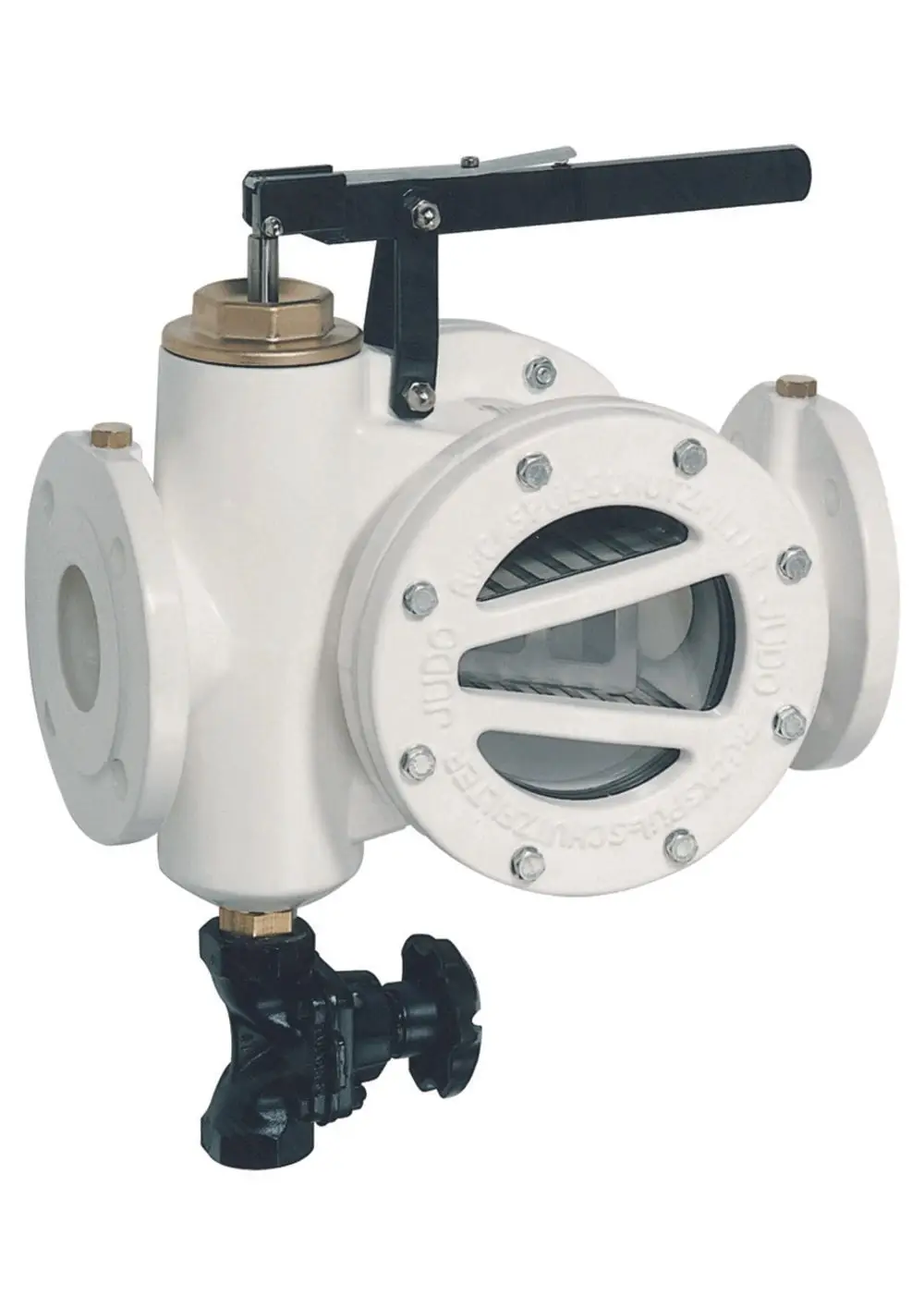 Judo Rückspülfilter mit Sichtfenster und Hebelmechanismus, geeignet zur Installation in Rohrsystemen zur Filtration von Wasser und Schmutzpartikeln.